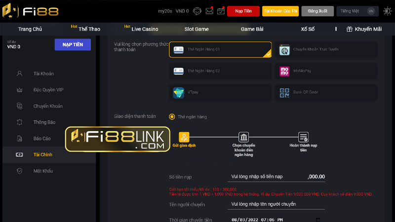Hướng dẫn nạp tiền vào tài khoản Fi88